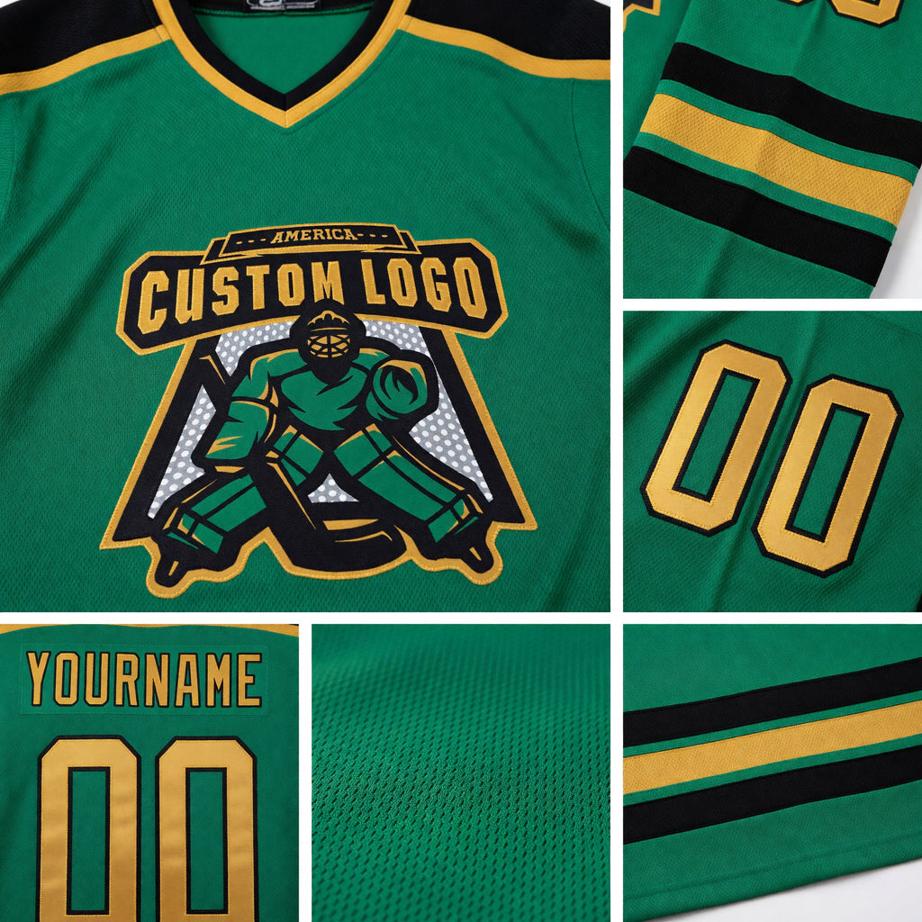 Custom Kelly Green Old Gold-Black Hockey Jersey detail