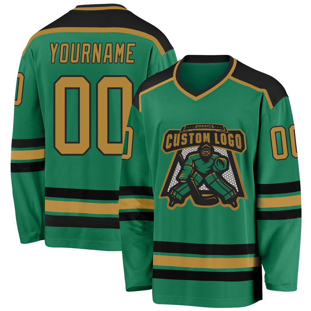 Custom Kelly Green Old Gold-Black Hockey Jersey photo 1