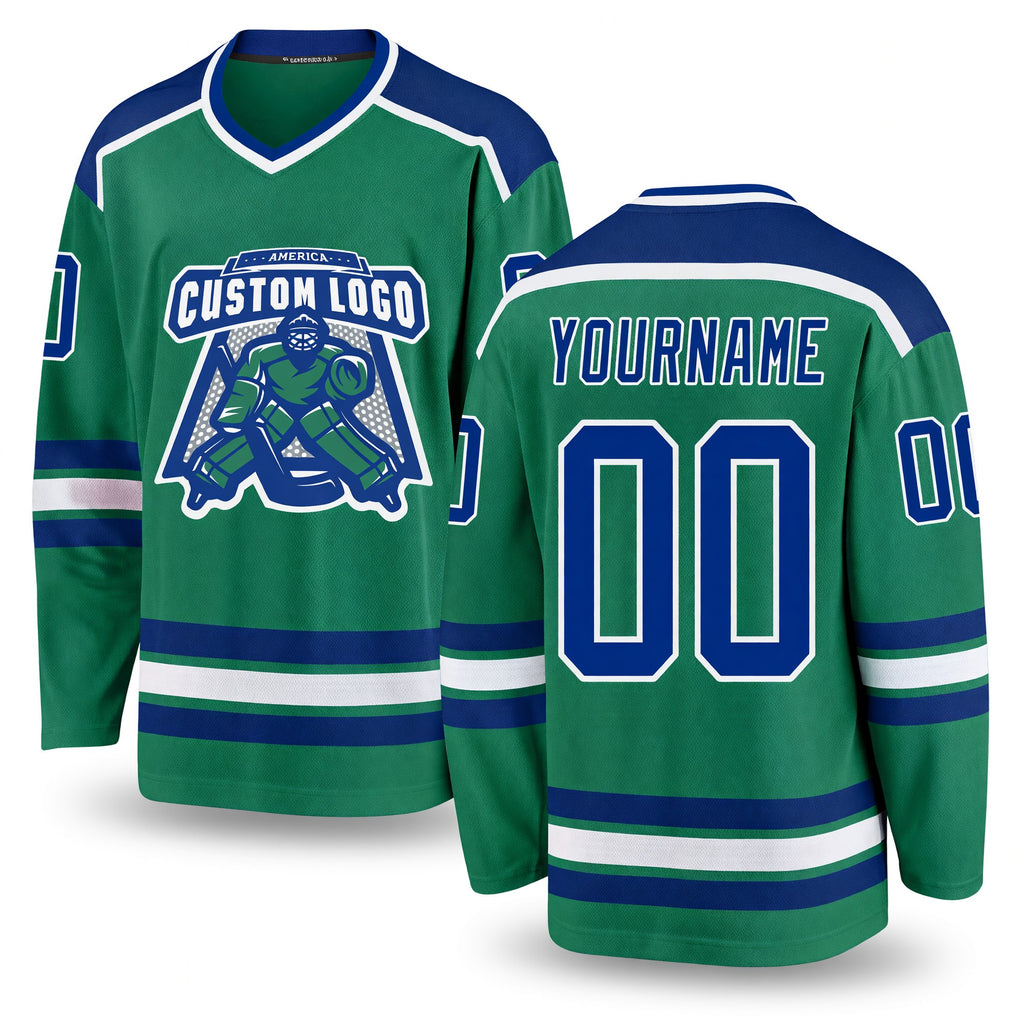 Custom Kelly Green Royal-White Hockey Jersey
