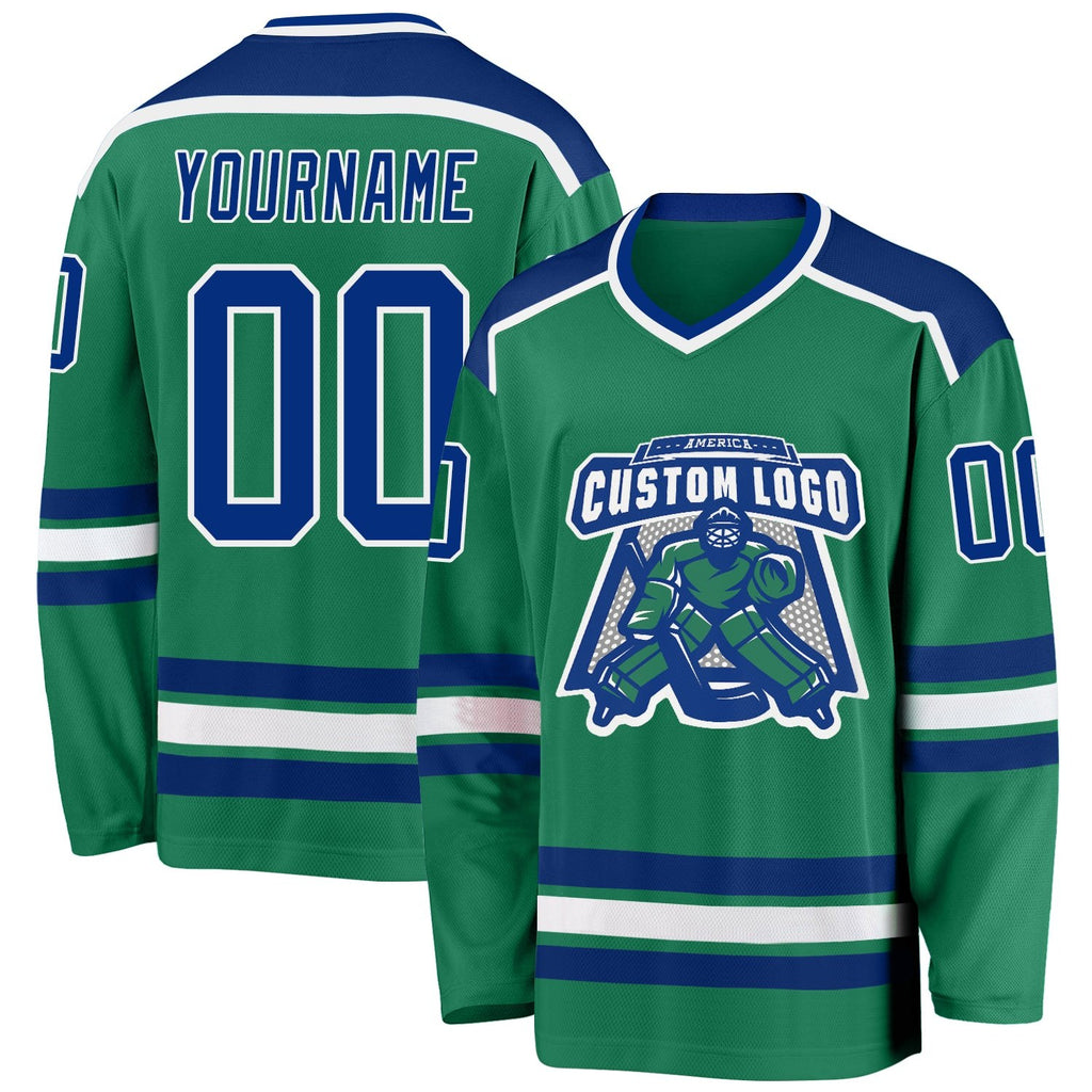 Custom Kelly Green Royal-White Hockey Jersey photo 1
