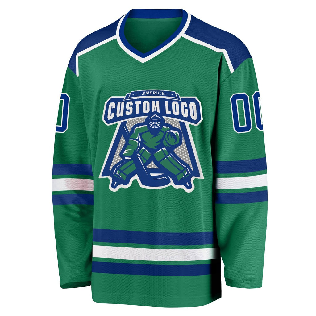 Custom Kelly Green Royal-White Hockey Jersey photo 2