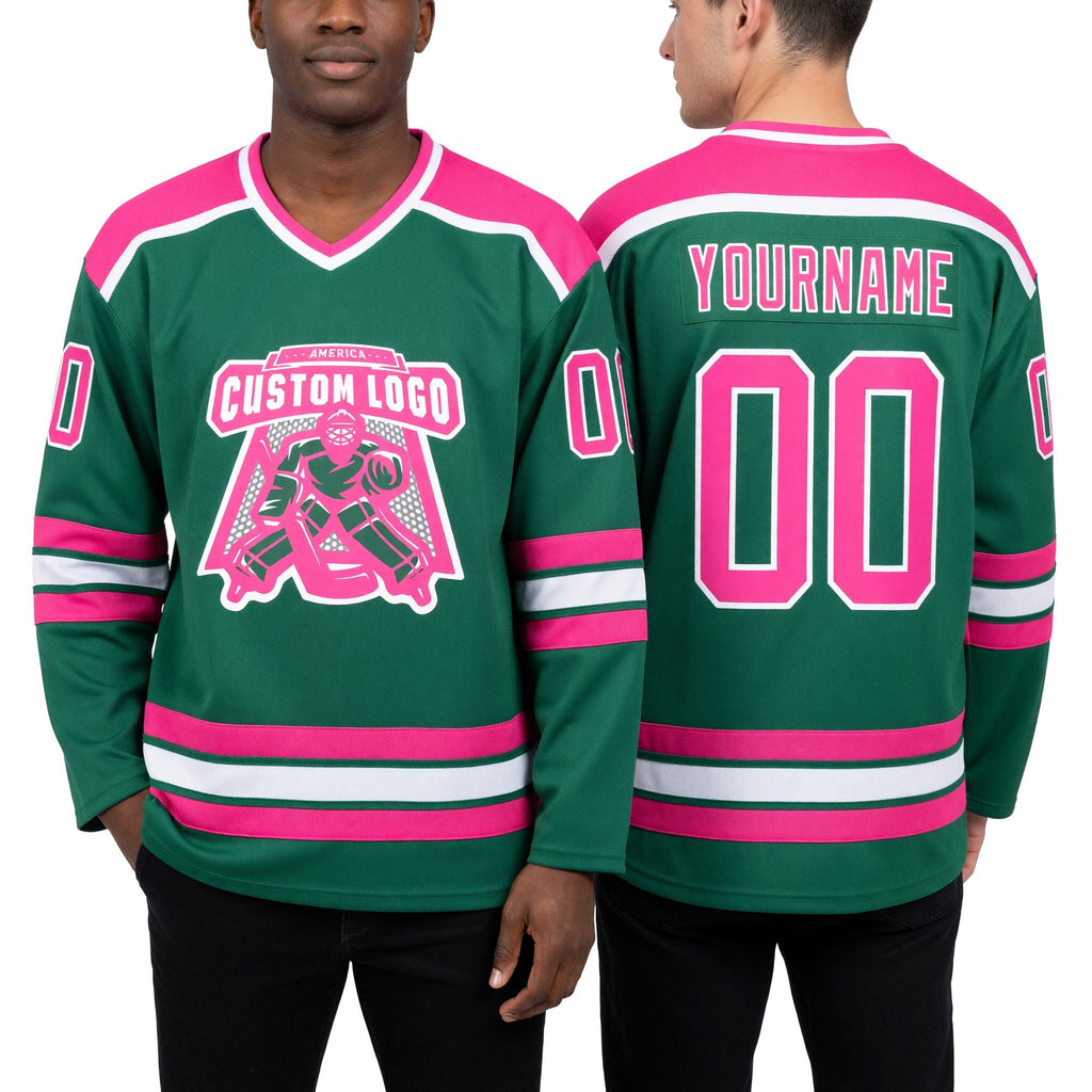Custom Kelly Green Pink-White Hockey Jersey worn front and back