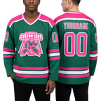 Custom Kelly Green Pink-White Hockey Jersey worn front and back