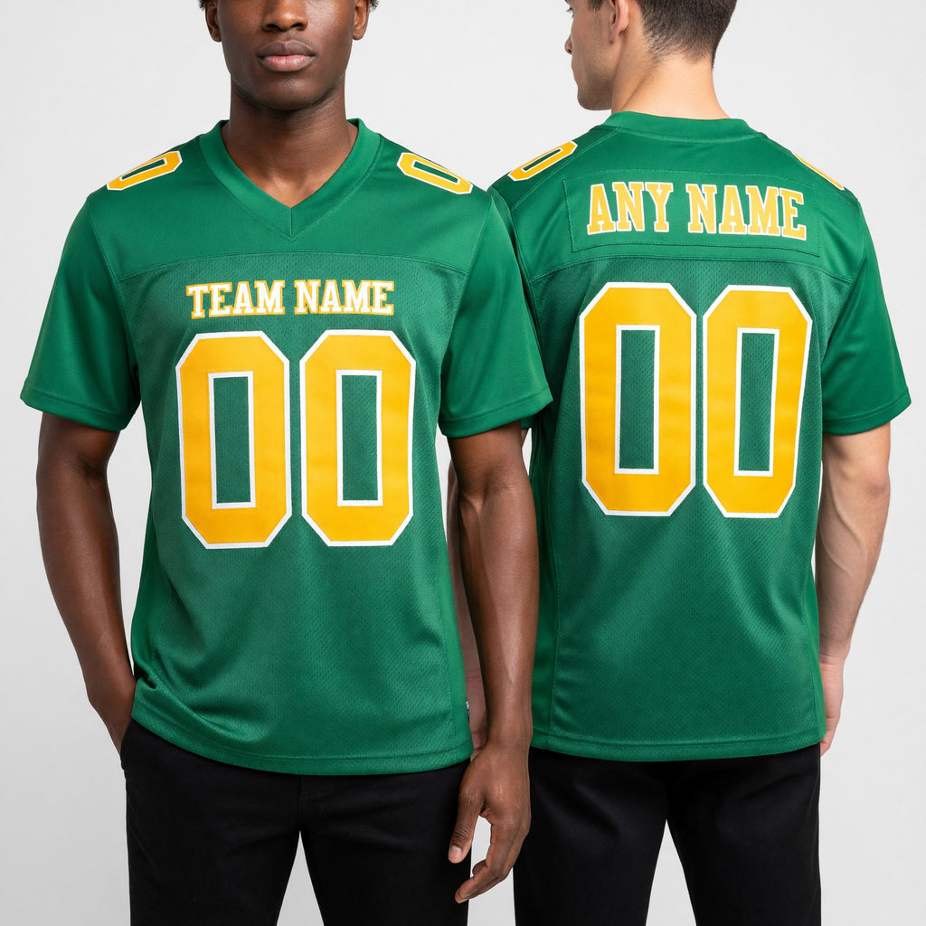 Custom Grass Green Gold-White Mesh Authentic Football Jersey worn front and back