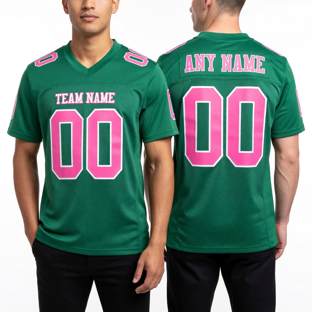 Custom Grass Green Pink-White Mesh Authentic Football Jersey worn front and back