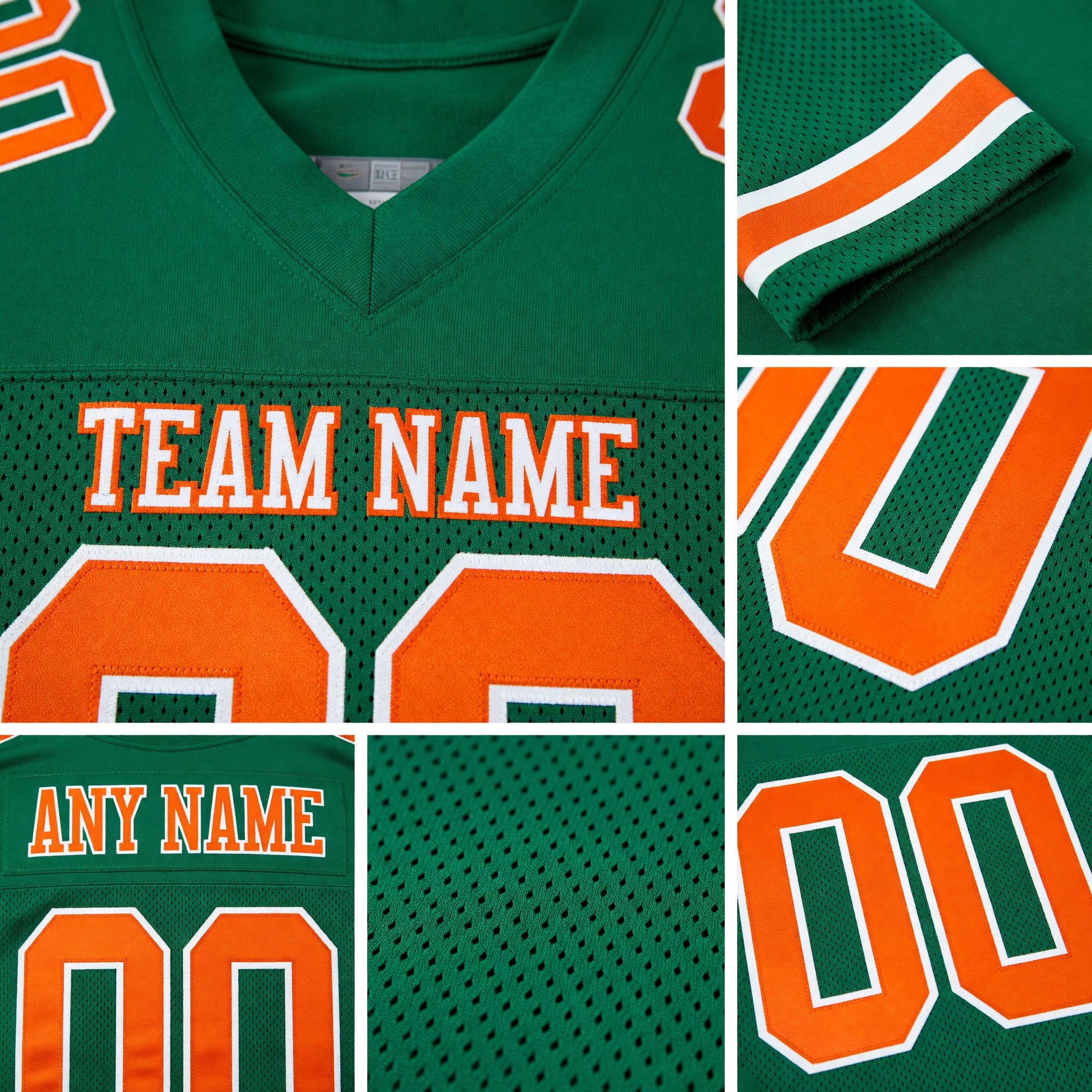 Custom Kelly Green Orange-White Mesh Authentic Football Jersey detail
