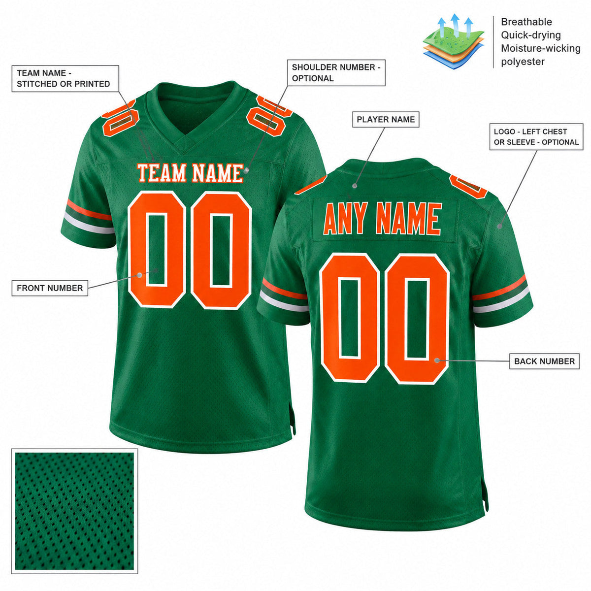 Custom Kelly Green Mesh Authentic Football Jersey with Orange and White Lettering Design 0294 customization guide