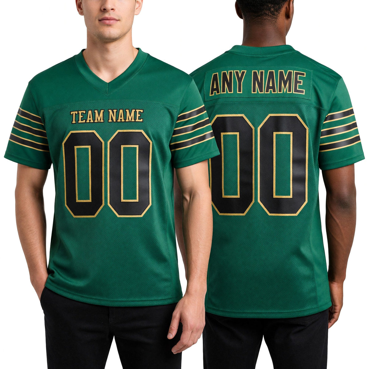 Custom Kelly Green Black-Old Gold Mesh Authentic Football Jersey worn front and back