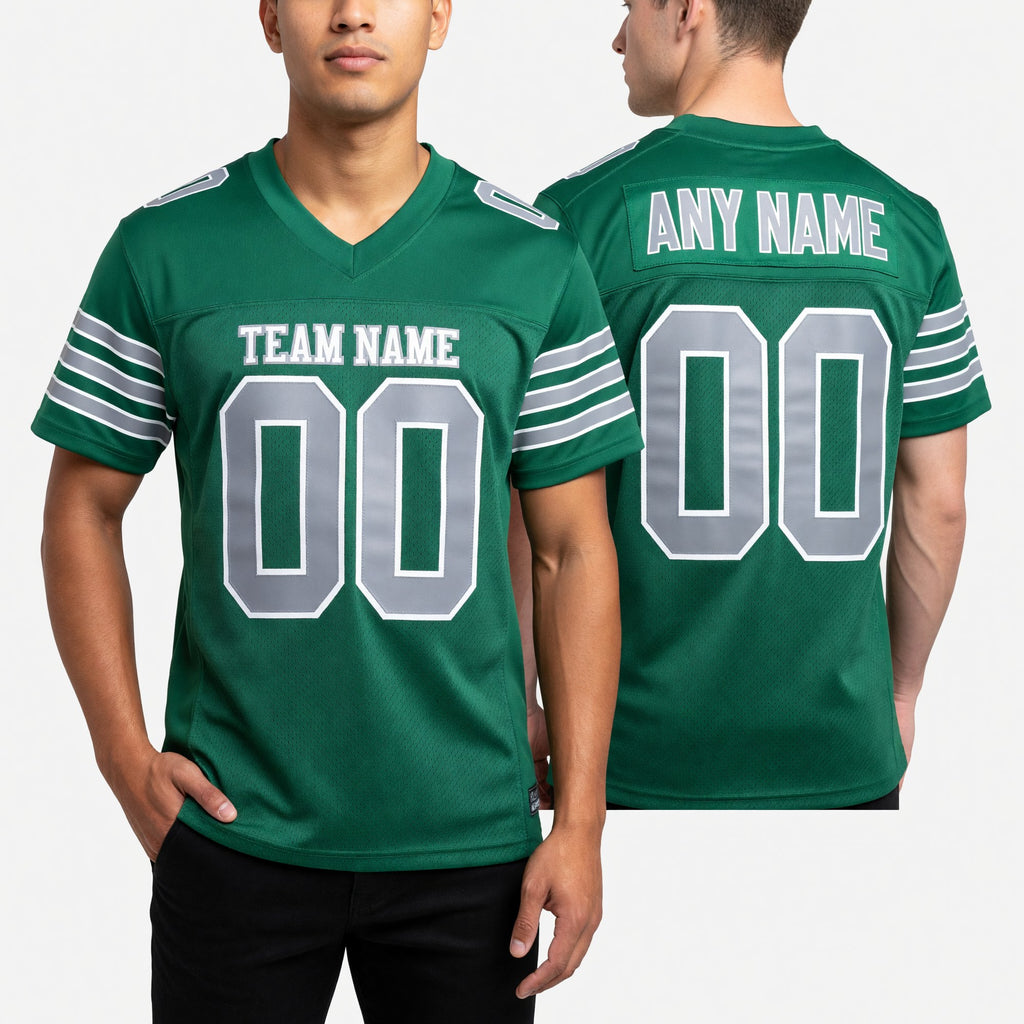 Custom Kelly Green Steel Gray-White Mesh Authentic Football Jersey worn front and back