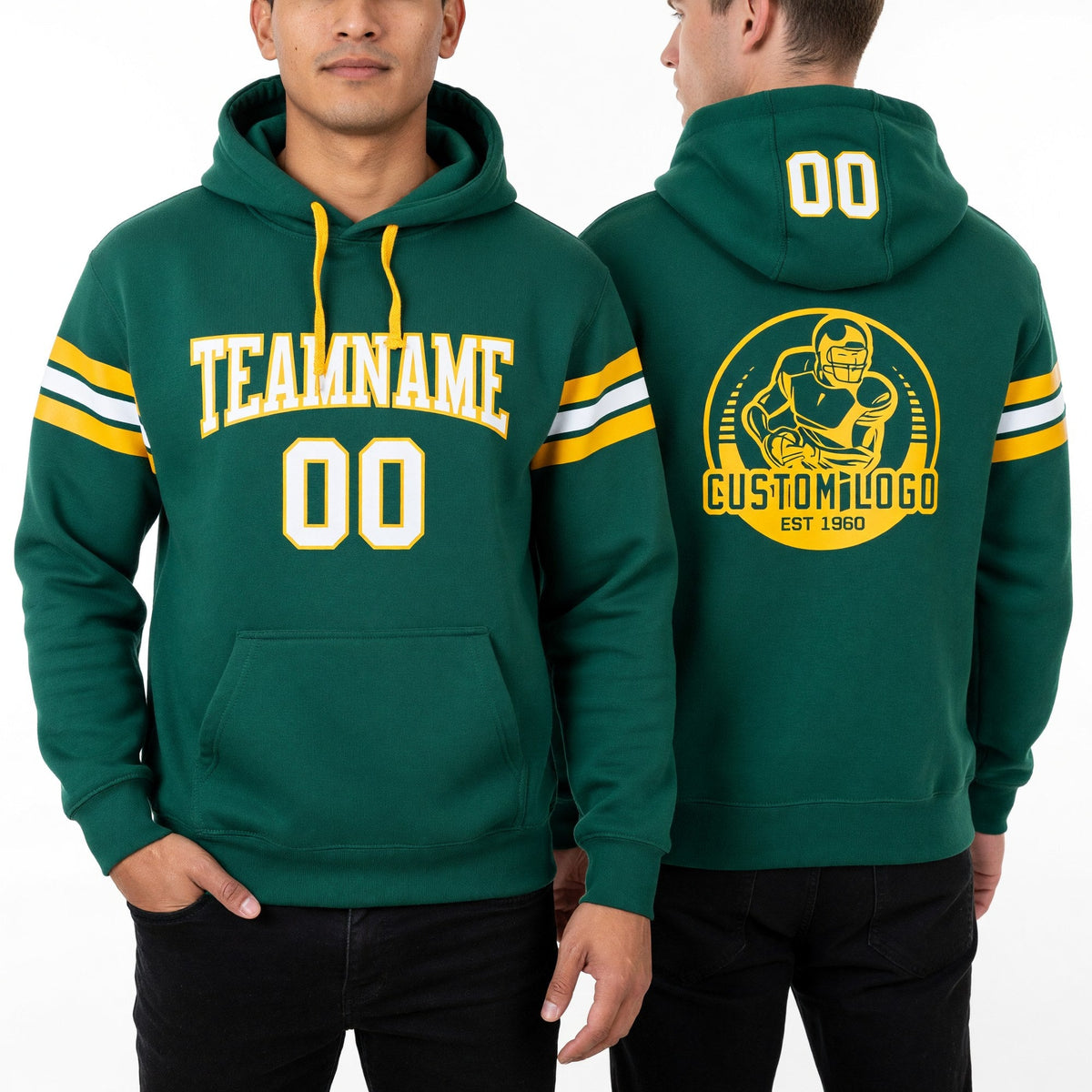 Custom Stitched Kelly Green White-Gold Football Pullover Sweatshirt Hoodie worn front and back