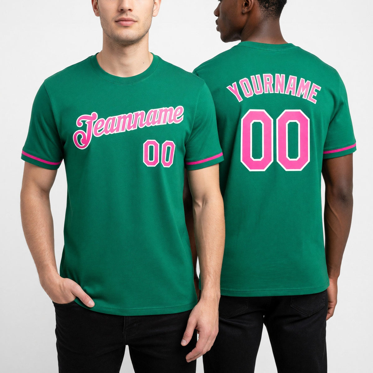 Custom Kelly Green Pink-White Performance T-Shirt worn front and back