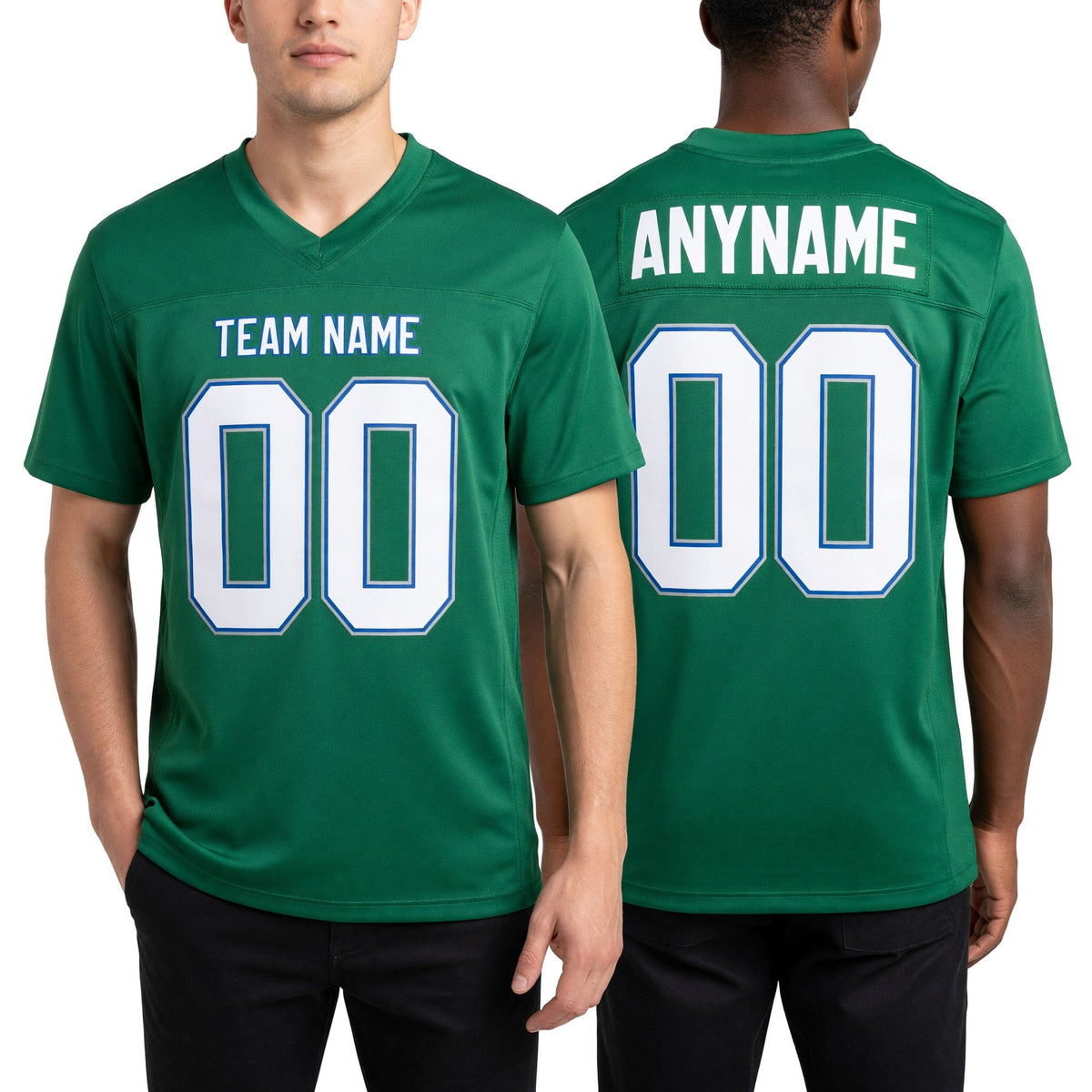 Custom Kelly Green White Royal-Gray Mesh Authentic Football Jersey worn front and back