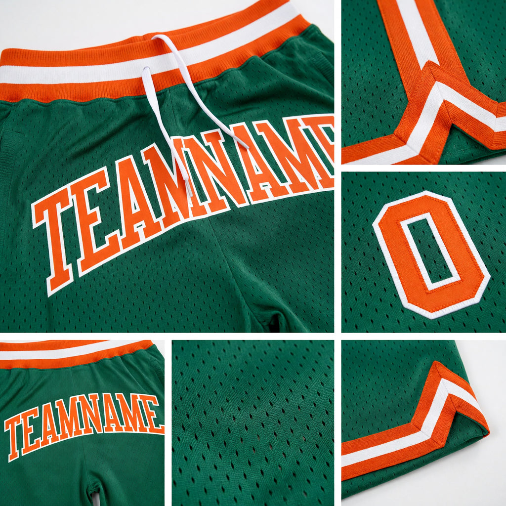 Custom Kelly Green Orange-White Authentic Throwback Basketball Shorts detail
