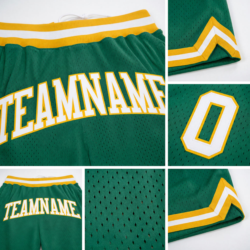Custom Kelly Green White-Gold Authentic Throwback Basketball Shorts detail