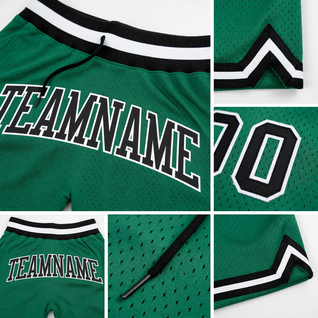 Custom Kelly Green Black-White Authentic Throwback Basketball Shorts detail