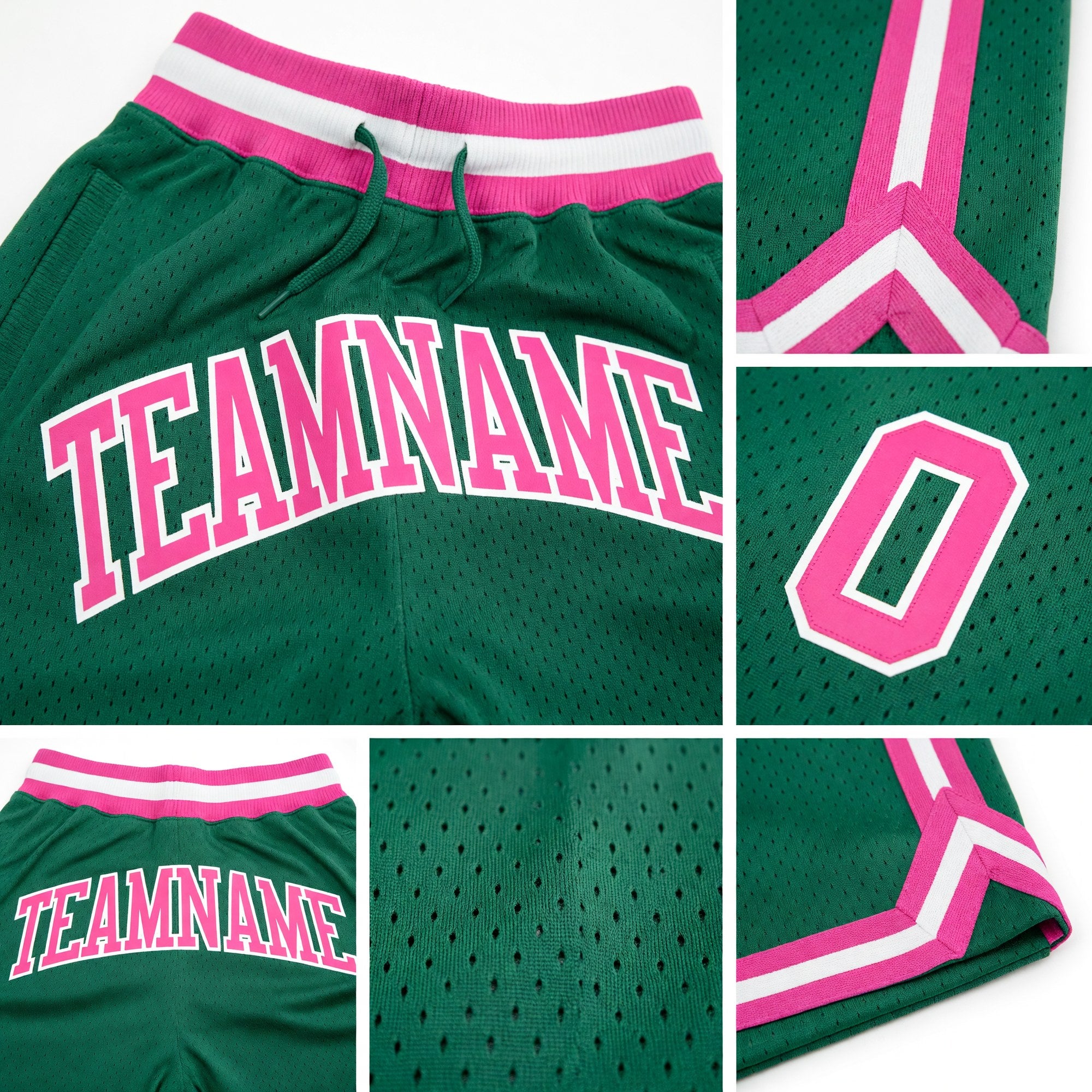 Custom Kelly Green Pink-White Authentic Throwback Basketball Shorts detail