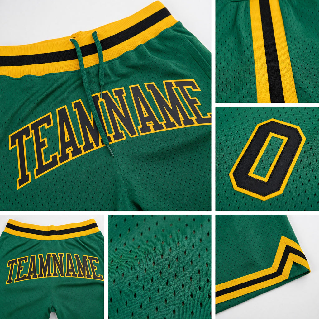 Custom Kelly Green Black-Gold Authentic Throwback Basketball Shorts detail