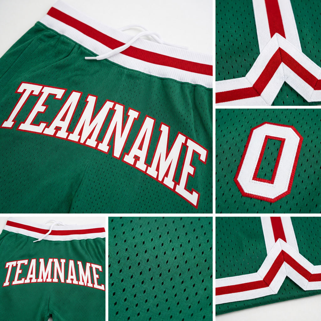 Custom Kelly Green White-Red Authentic Throwback Basketball Shorts detail