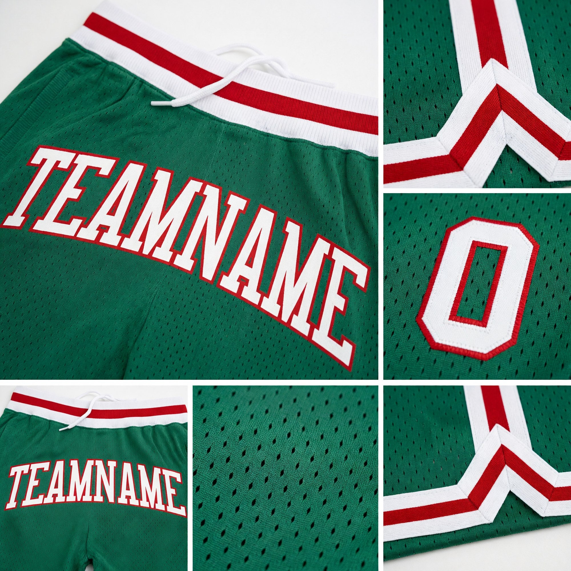 Custom Kelly Green White-Red Authentic Throwback Basketball Shorts detail