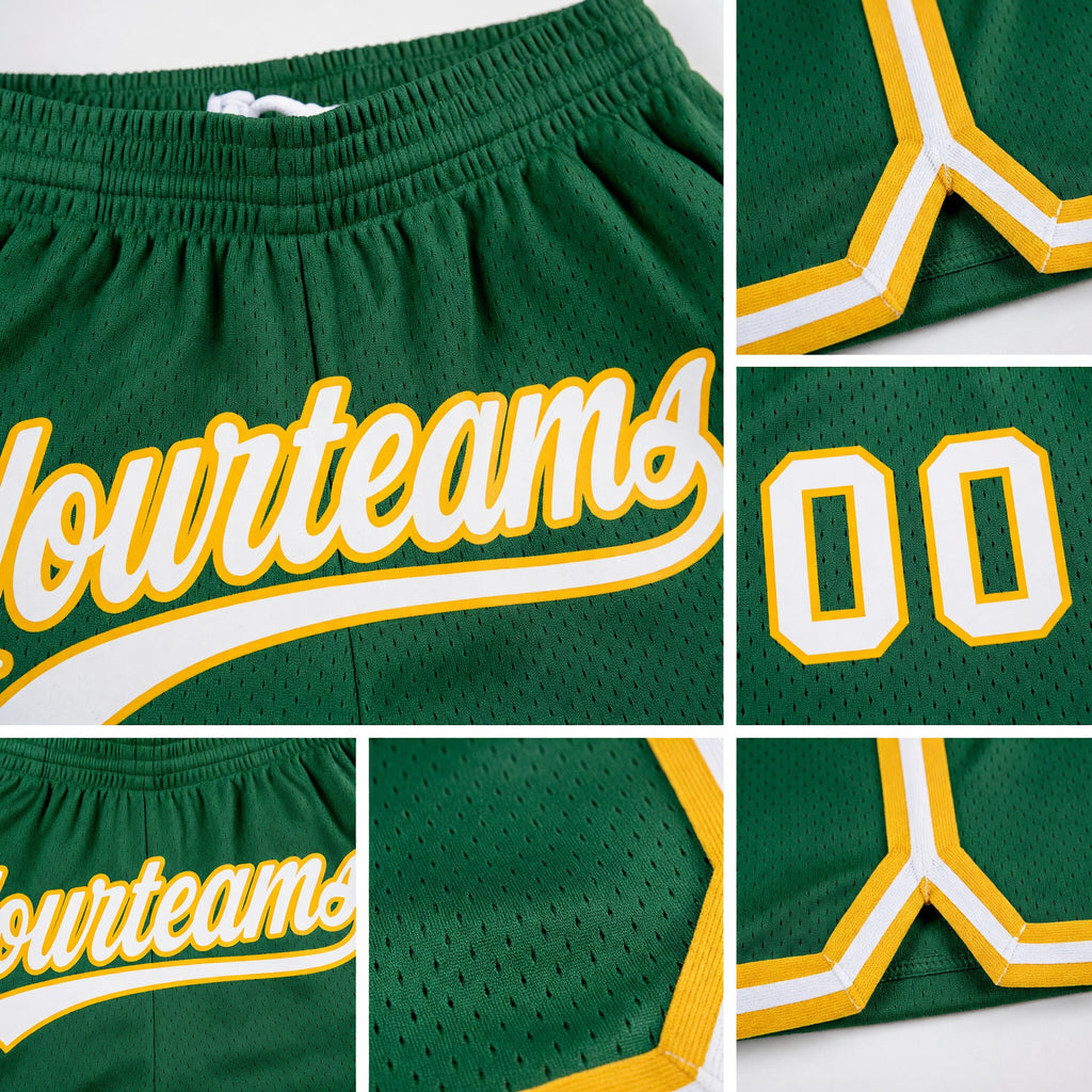 Custom Kelly Green White-Gold Authentic Throwback Basketball Shorts detail