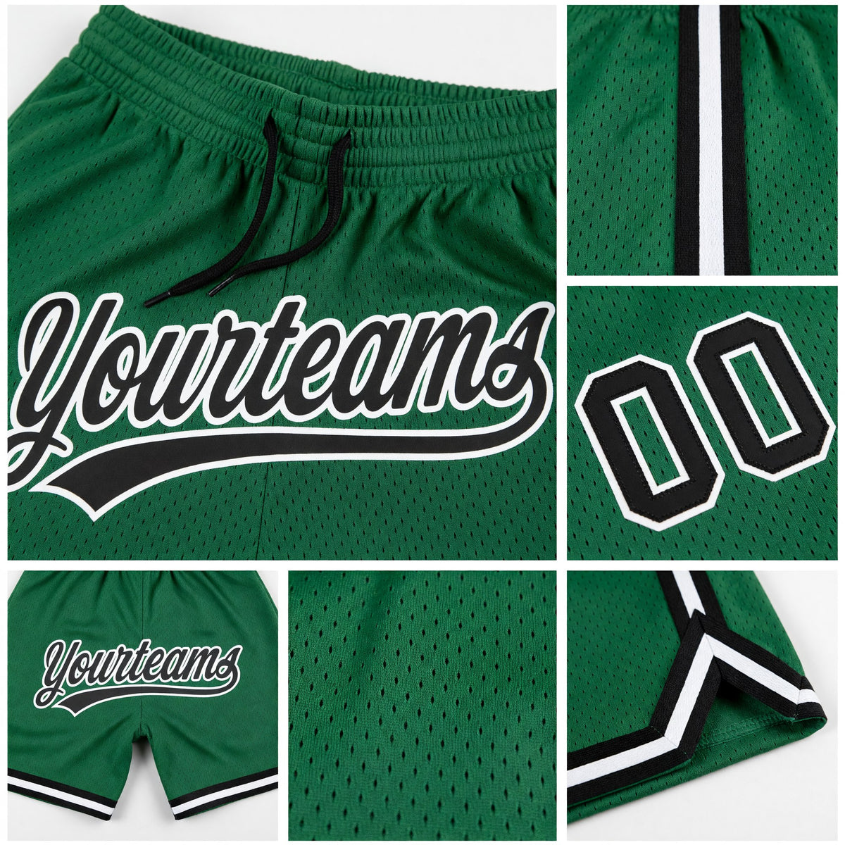 Custom Kelly Green Black-White Authentic Throwback Basketball Shorts detail