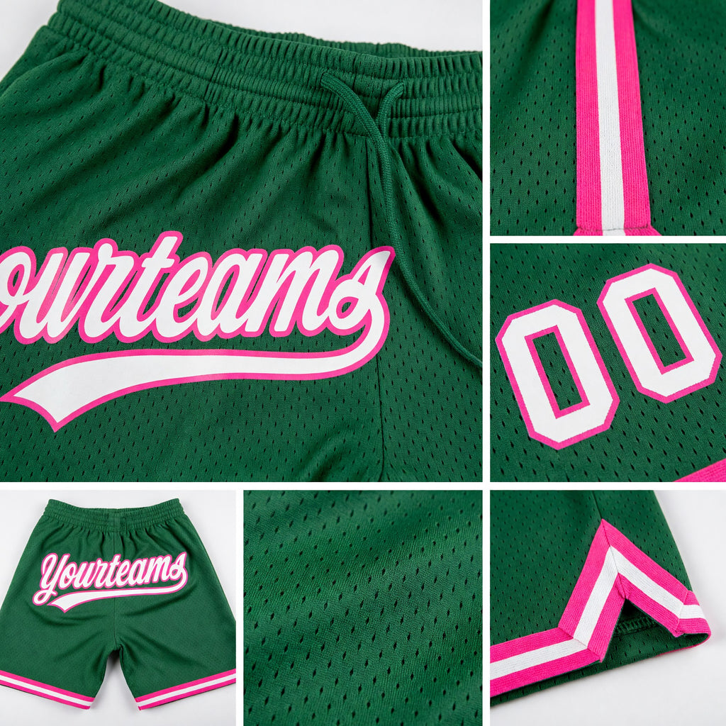 Custom Kelly Green White-Pink Authentic Throwback Basketball Shorts detail