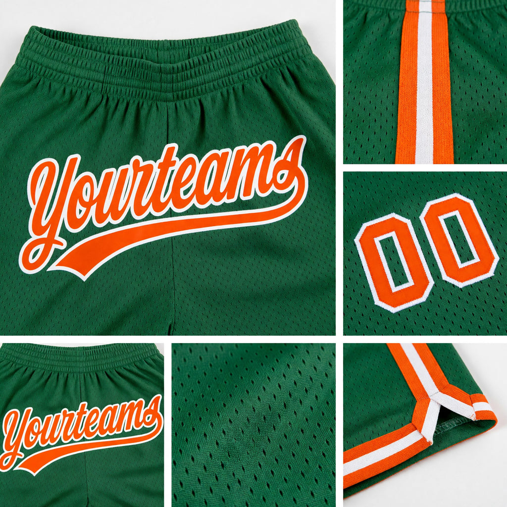 Custom Kelly Green Orange-White Authentic Throwback Basketball Shorts detail