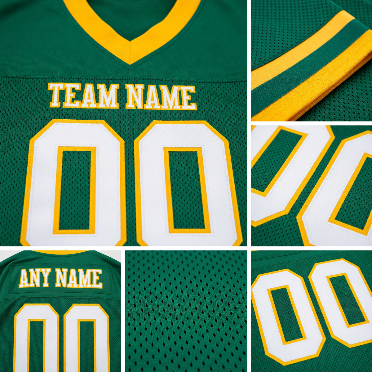 Custom Kelly Green White-Gold Mesh Authentic Football Jersey detail