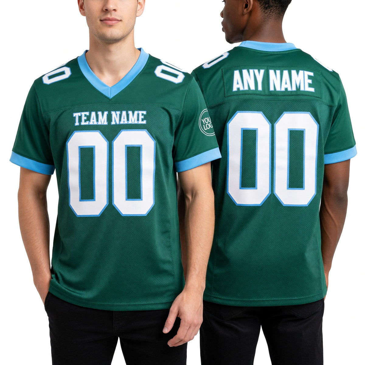 Custom Kelly Green White-Powder Blue Mesh Authentic Football Jersey worn front and back