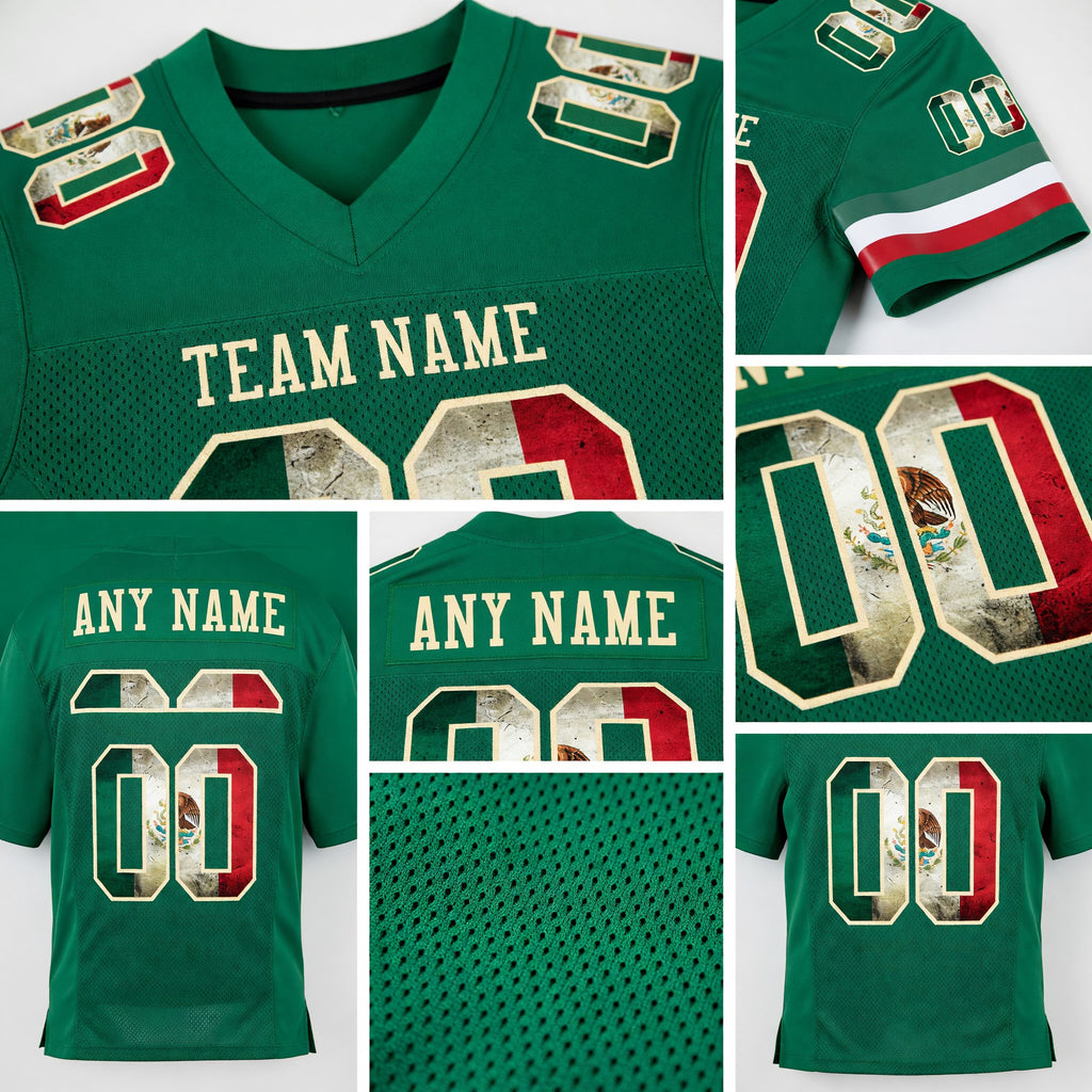 Custom Kelly Green Vintage Mexican Flag-City Cream Mesh Authentic Football Jersey detail