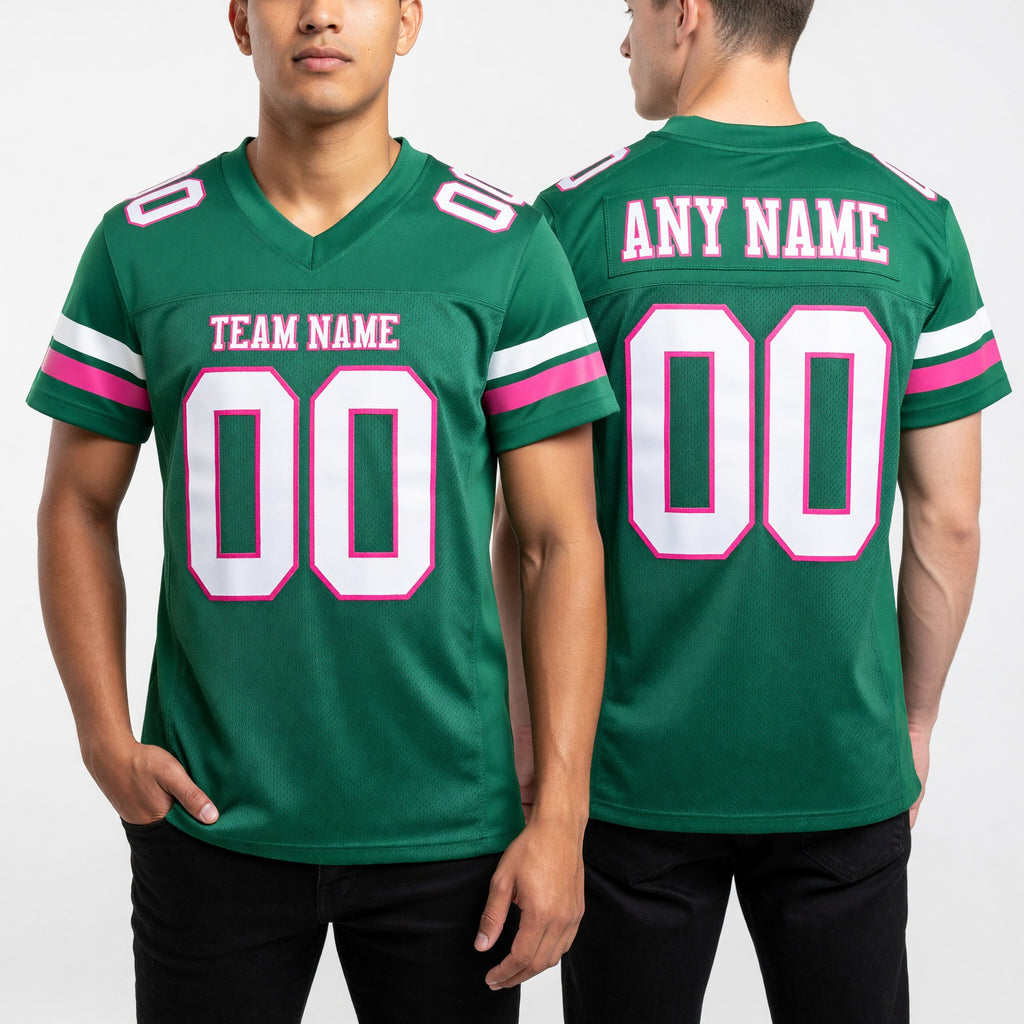 Custom Kelly Green White-Pink Mesh Authentic Football Jersey worn front and back