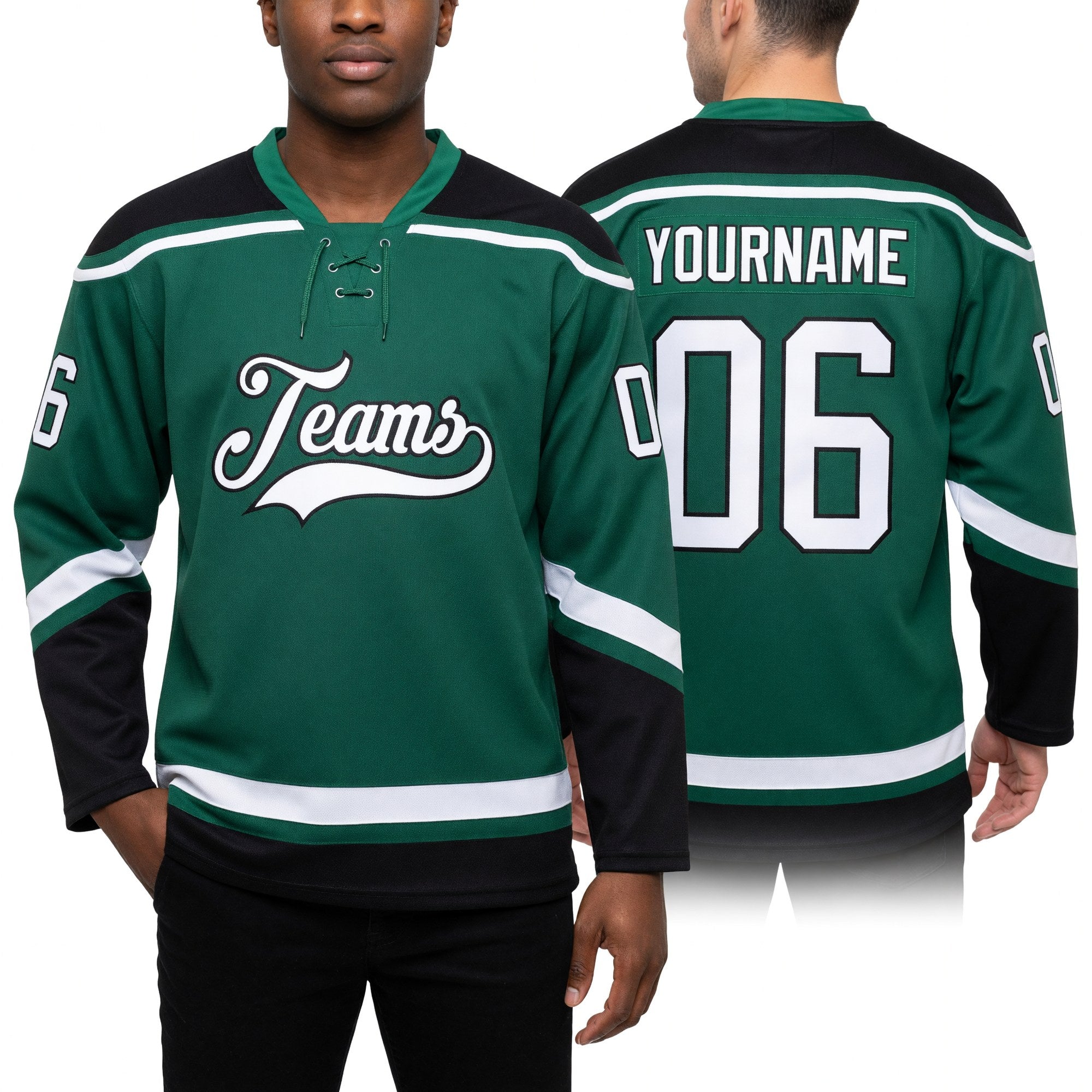 Custom Kelly Green White-Black Hockey Lace Neck Jersey worn front and back