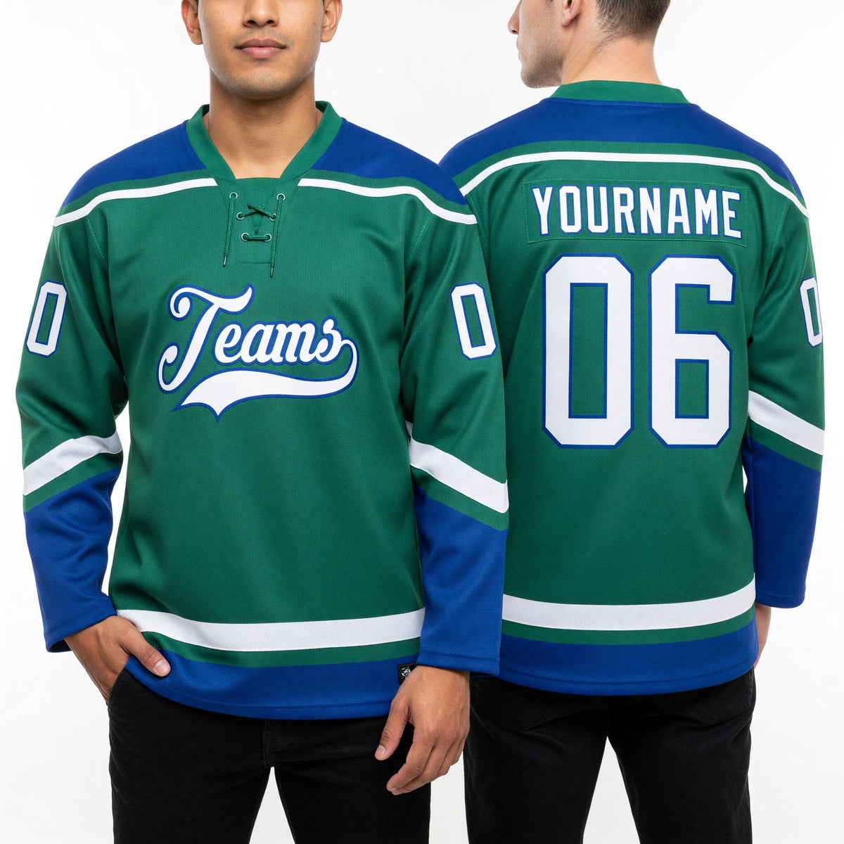 Custom Kelly Green White-Royal Hockey Lace Neck Jersey worn front and back