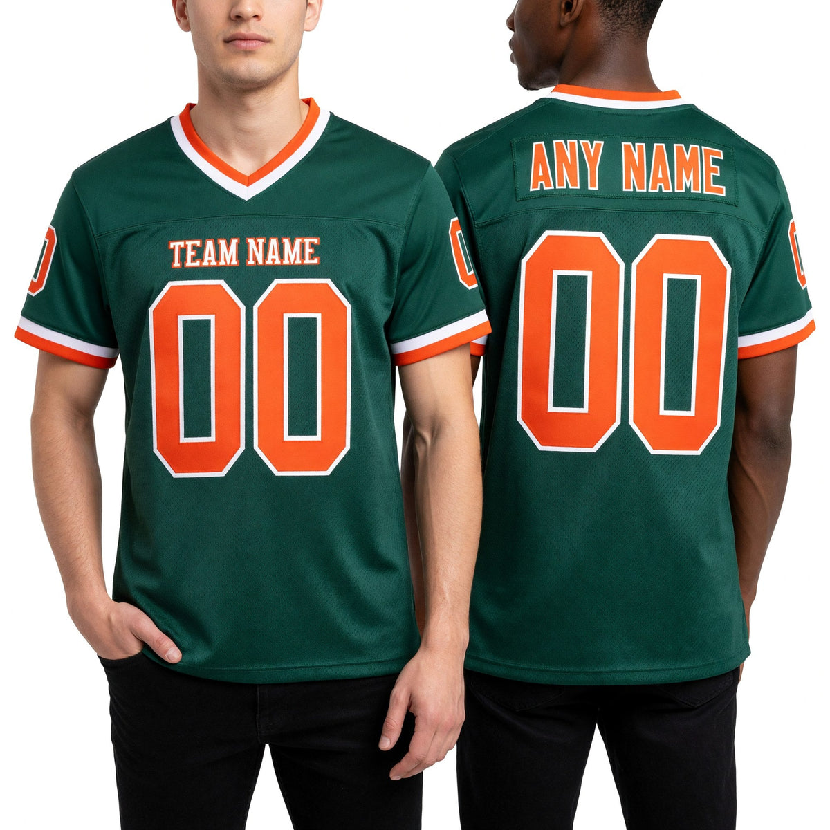 Custom Kelly Green Orange-White Mesh Authentic Throwback Football Jersey worn front and back