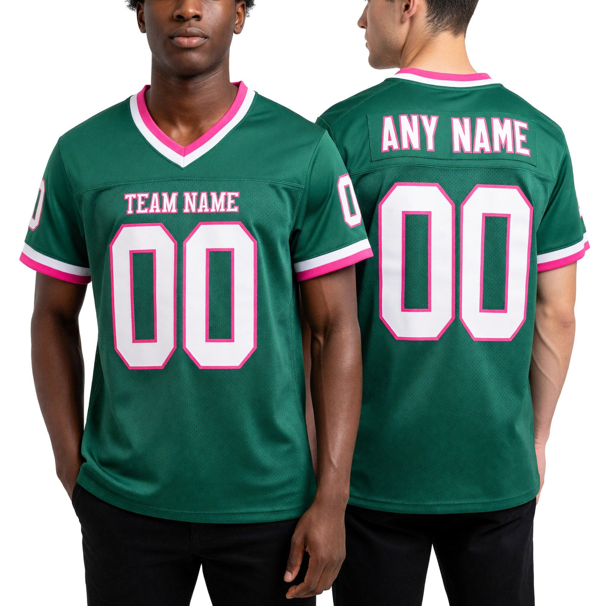 Custom Kelly Green White-Pink Mesh Authentic Throwback Football Jersey worn front and back