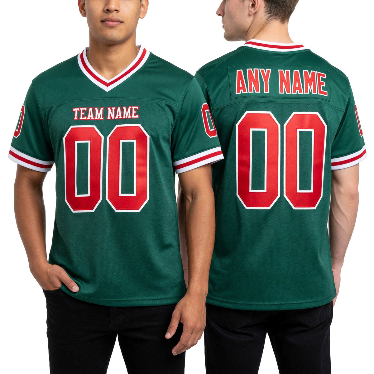 Custom Kelly Green Red-White Mesh Authentic Throwback Football Jersey worn front and back