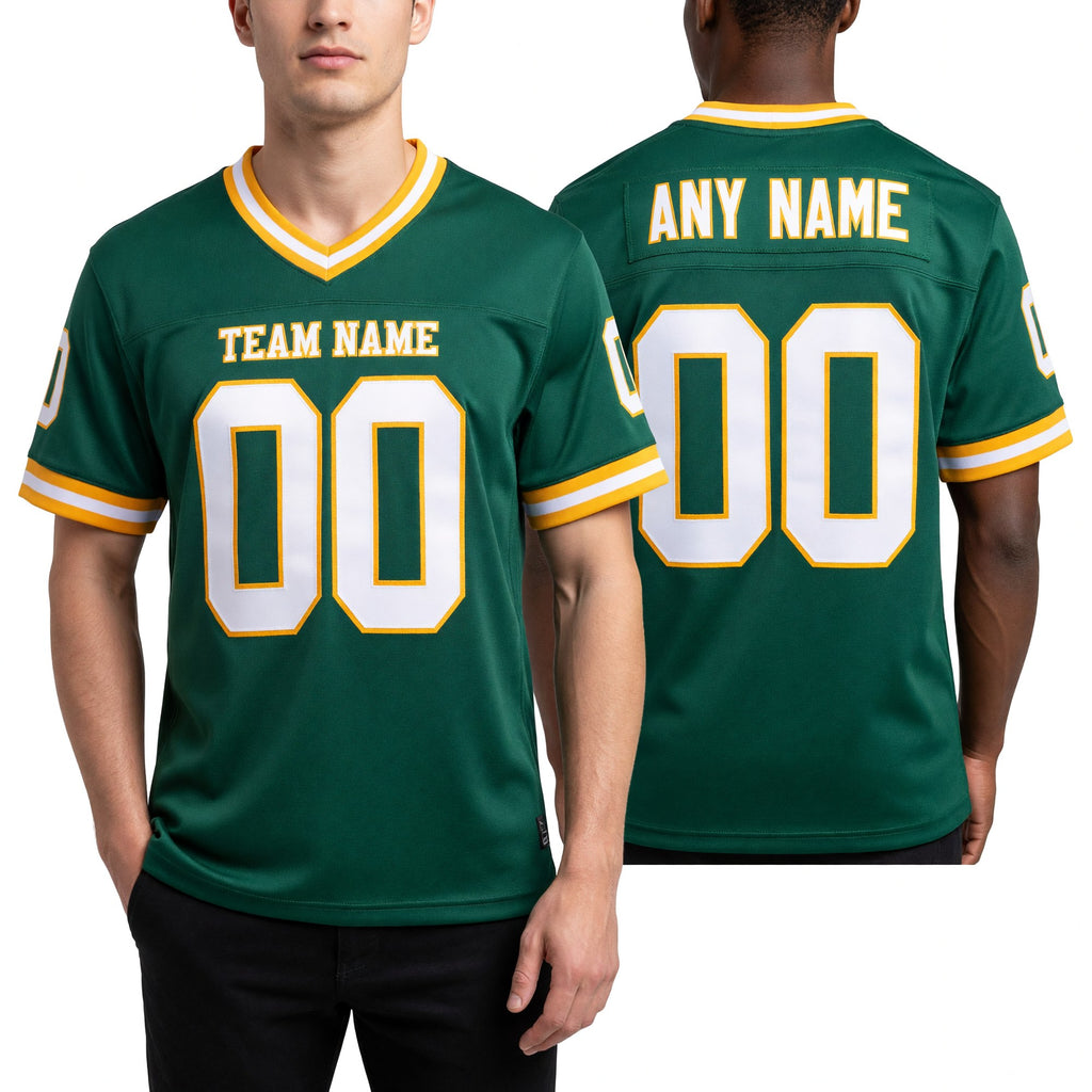 Custom Kelly Green White-Old Gold Mesh Authentic Throwback Football Jersey worn front and back