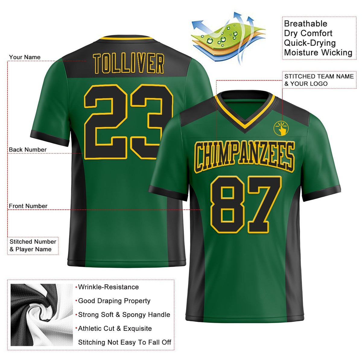 Custom Kelly Green Black-Yellow Authentic Football Jersey photo 3