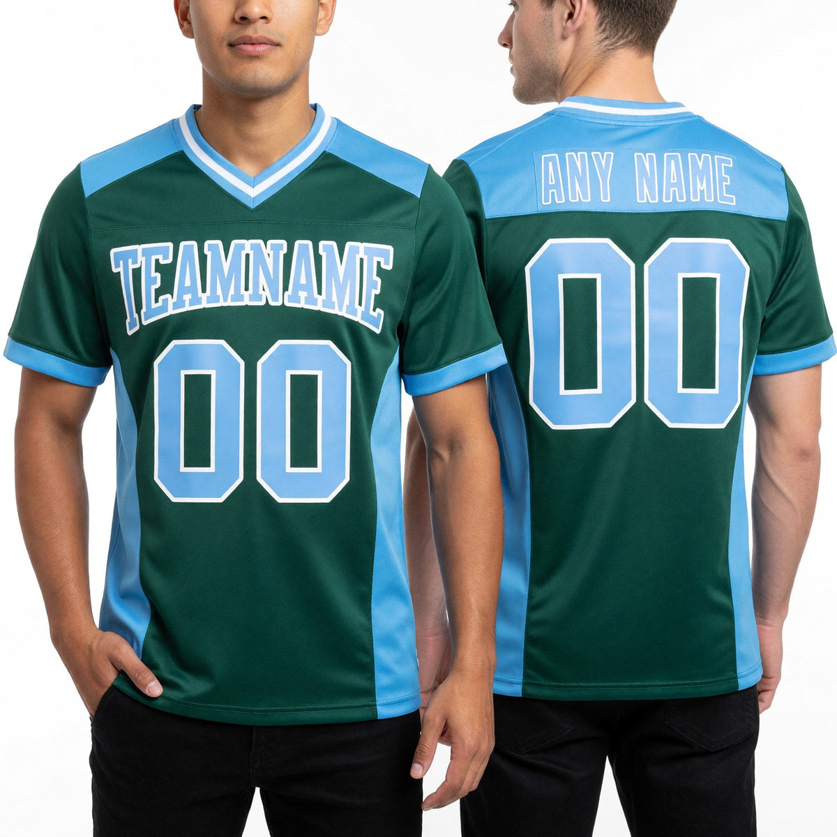 Custom Kelly Green Light Blue-White Authentic Football Jersey worn front and back