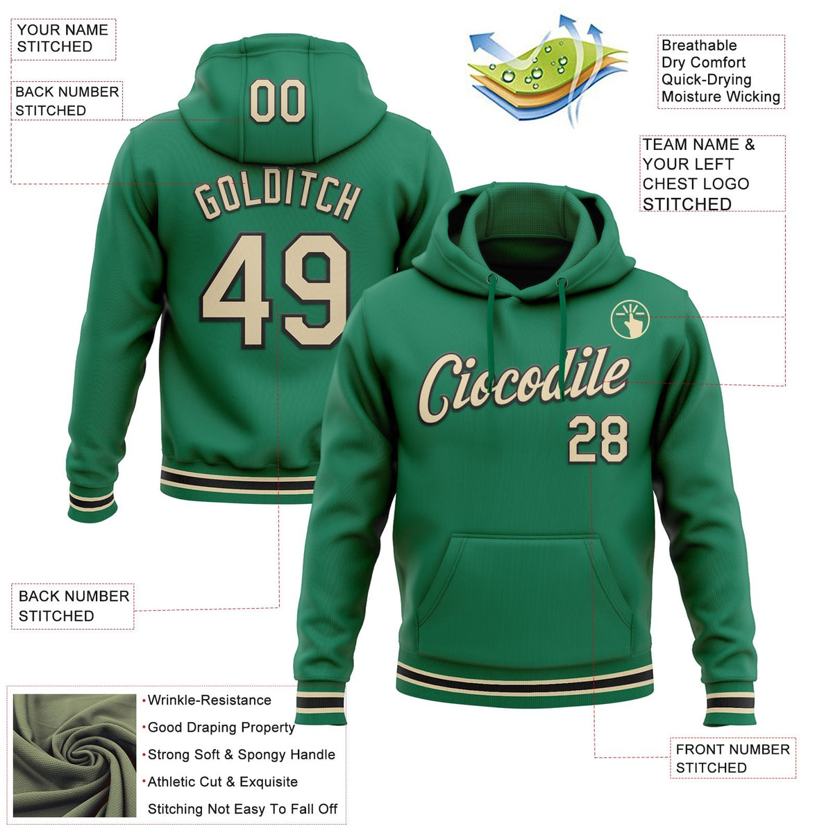 Custom Stitched Kelly Green Cream-Black Sports Pullover Sweatshirt Hoodie photo 3