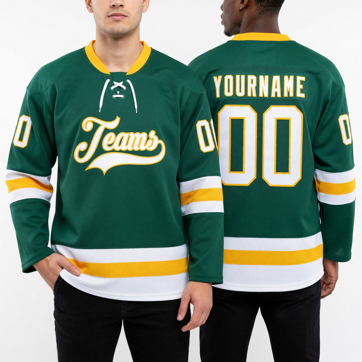 Custom Kelly Green White-Gold Hockey Lace Neck Jersey worn front and back