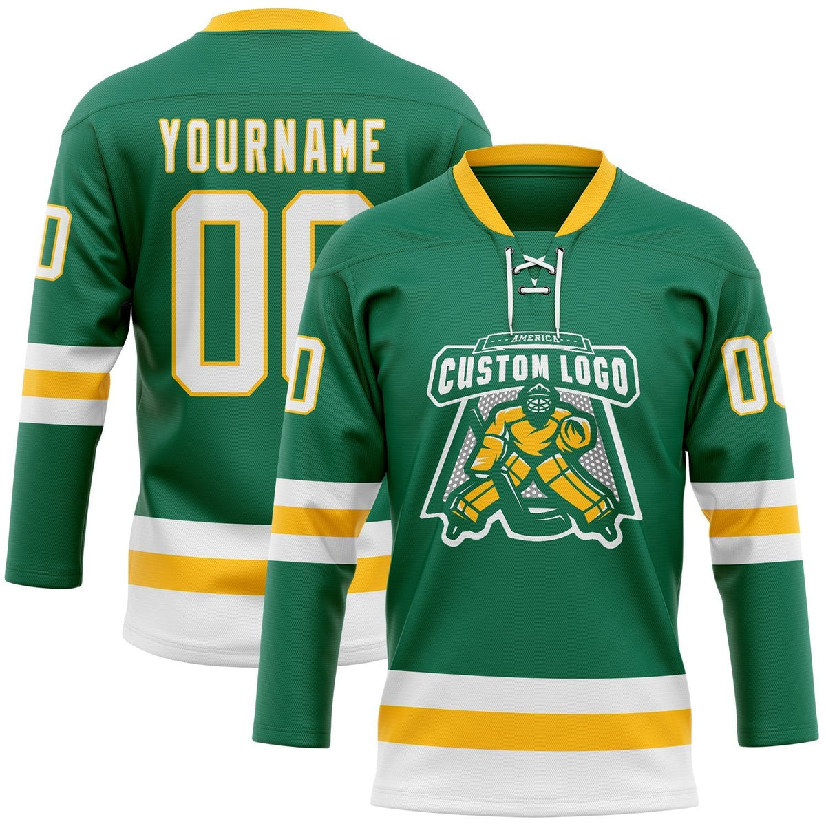 Custom Kelly Green White-Gold Hockey Lace Neck Jersey photo 2