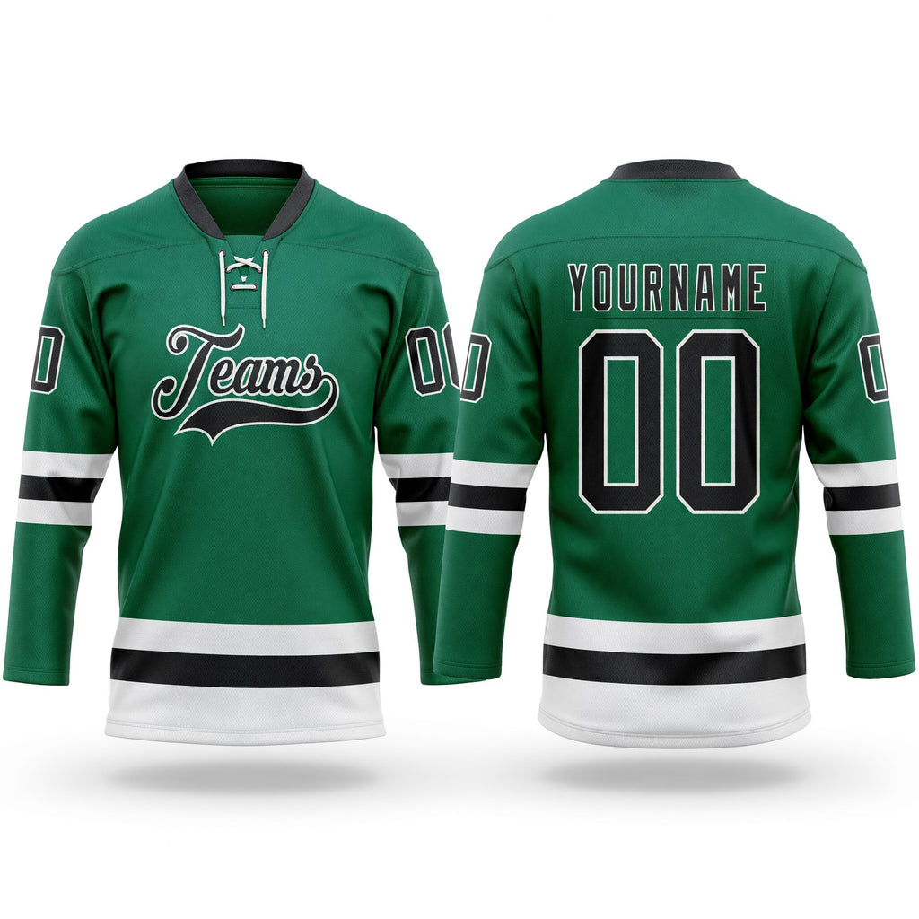 Custom Kelly Green Black-White Hockey Lace Neck Jersey