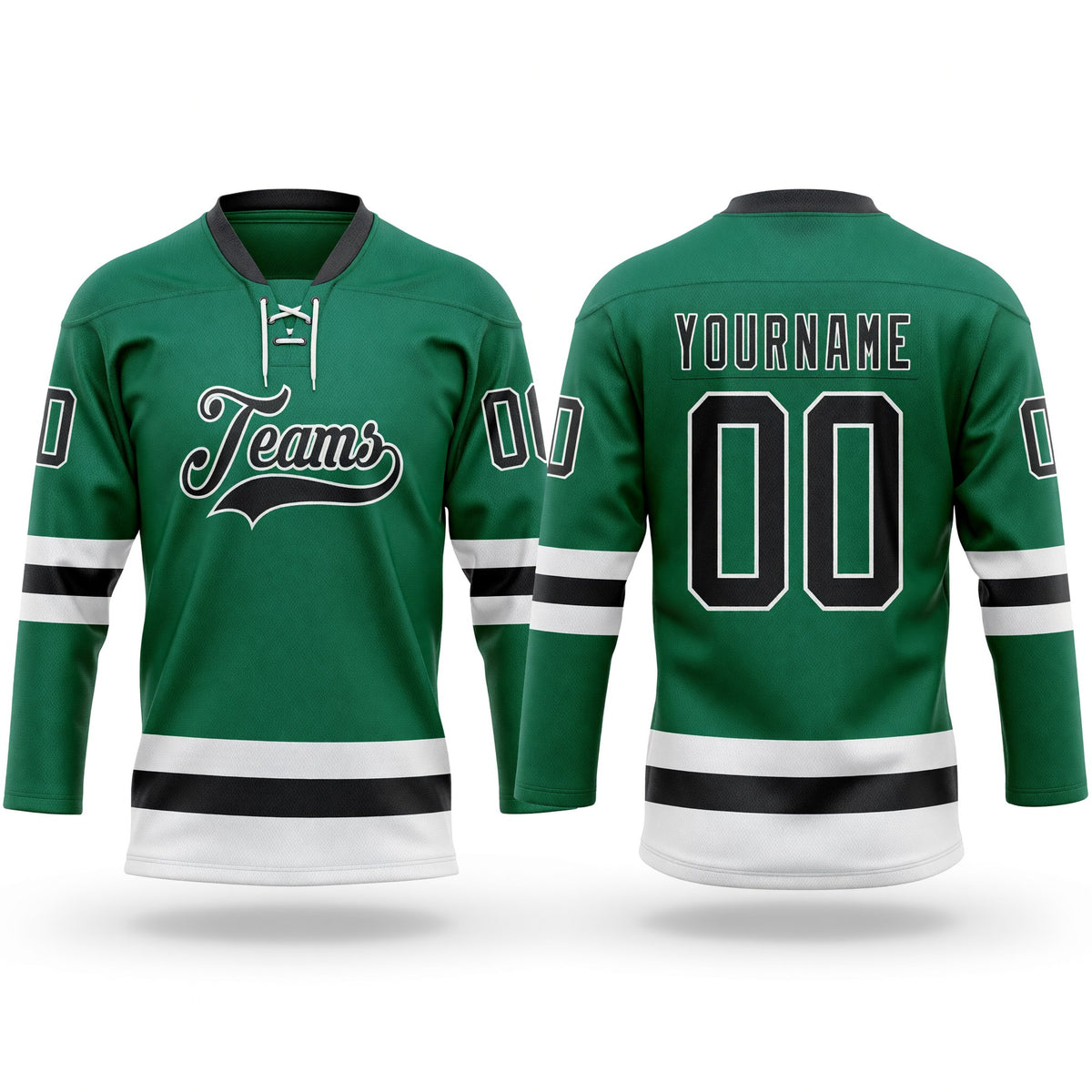 Custom Kelly Green Black-White Hockey Lace Neck Jersey