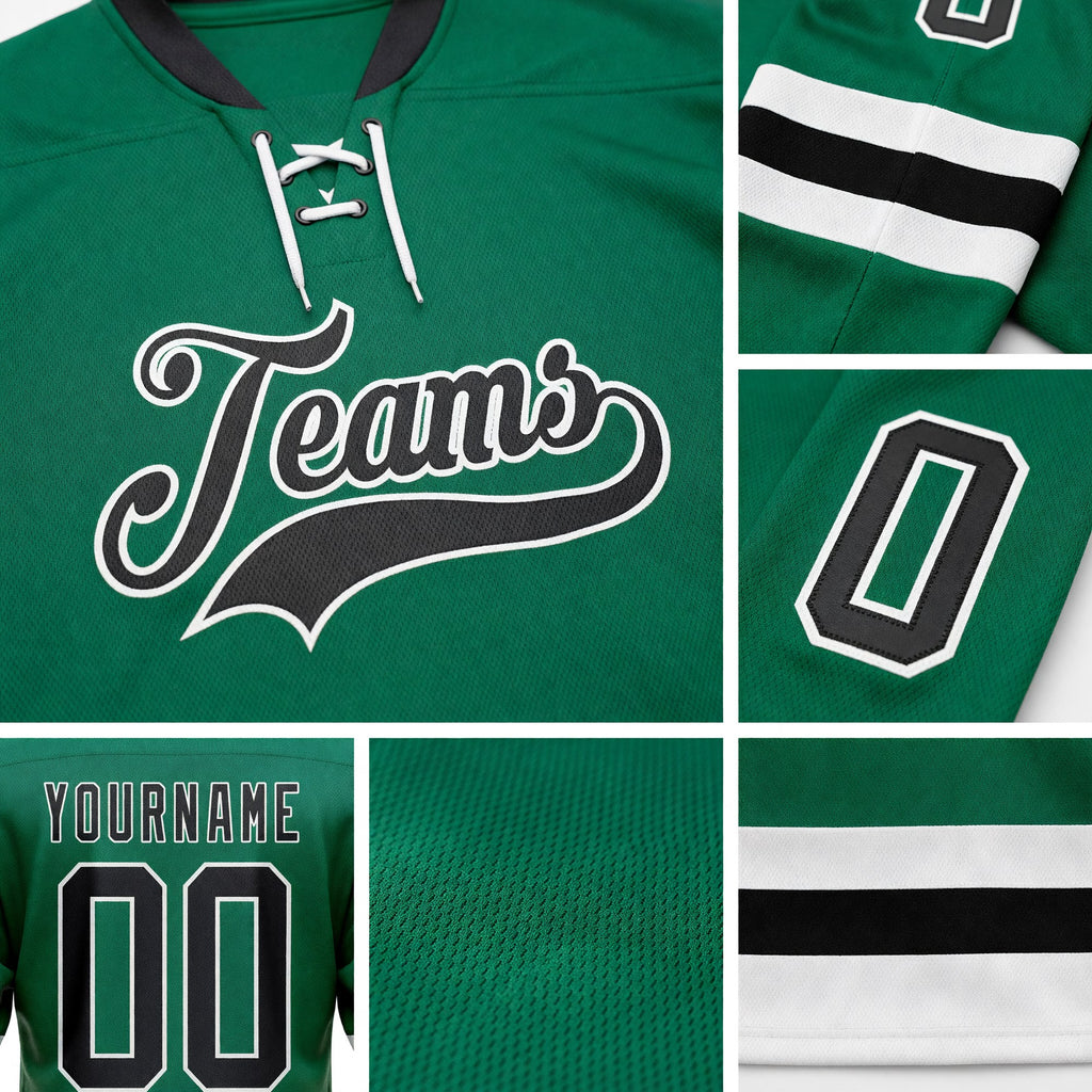 Custom Kelly Green Black-White Hockey Lace Neck Jersey detail