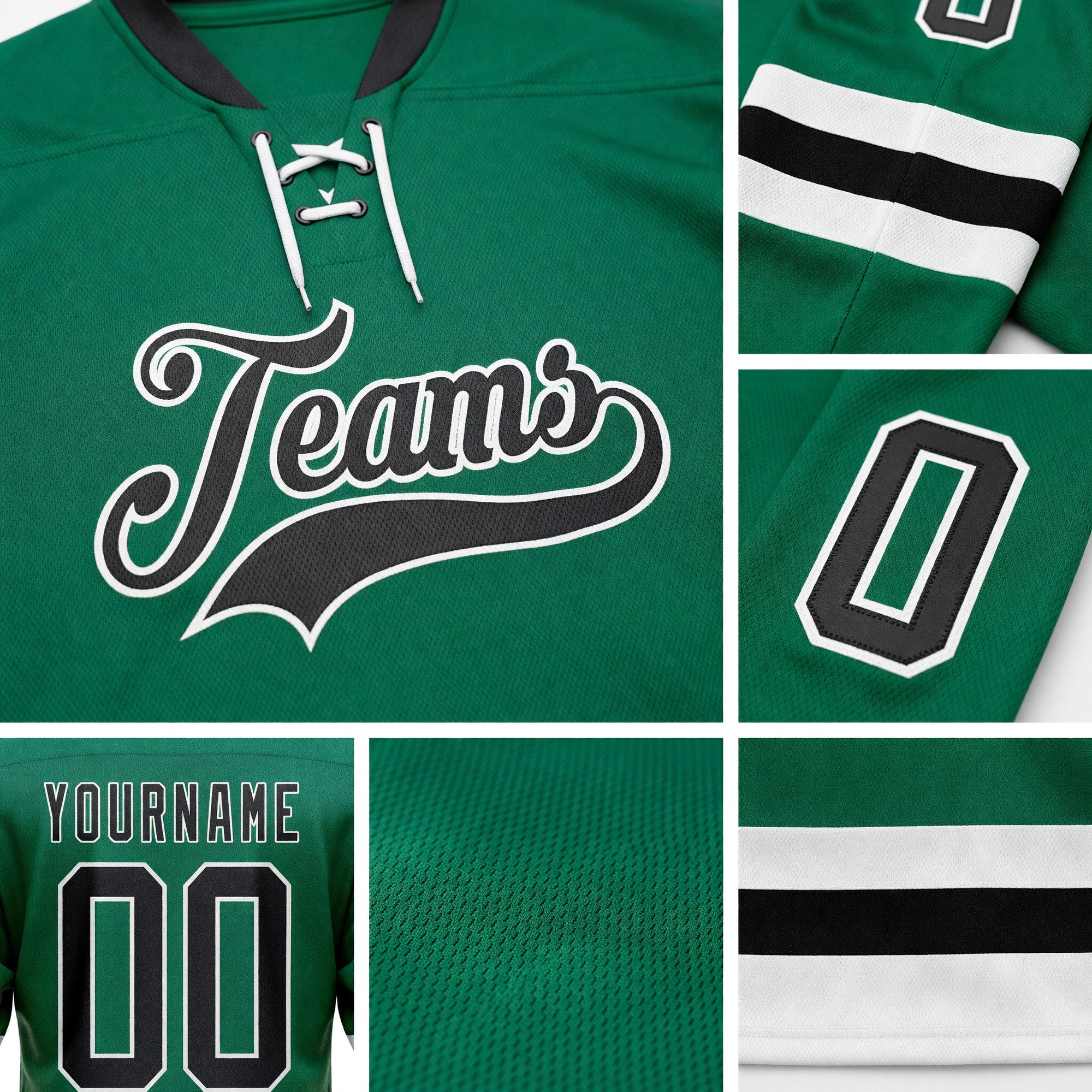 Custom Kelly Green Black-White Hockey Lace Neck Jersey detail