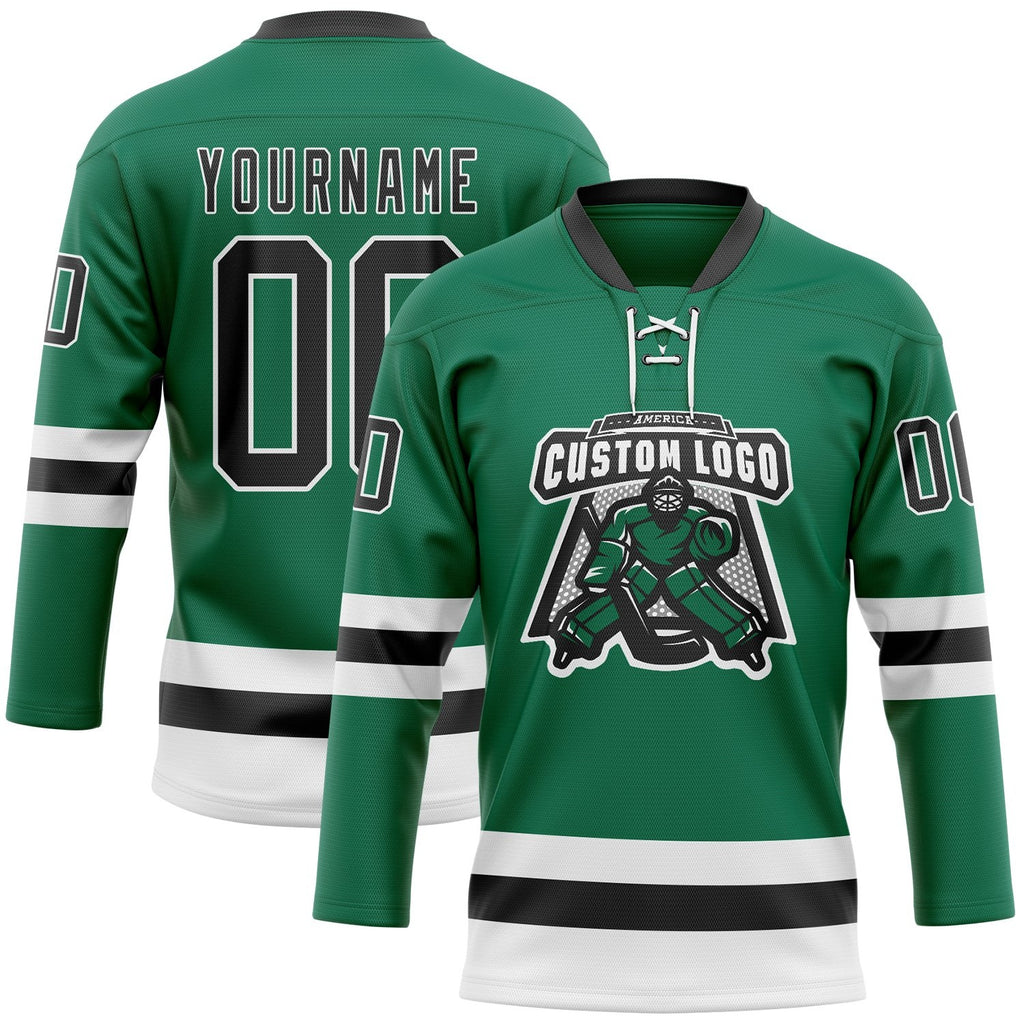 Custom Kelly Green Black-White Hockey Lace Neck Jersey photo 2