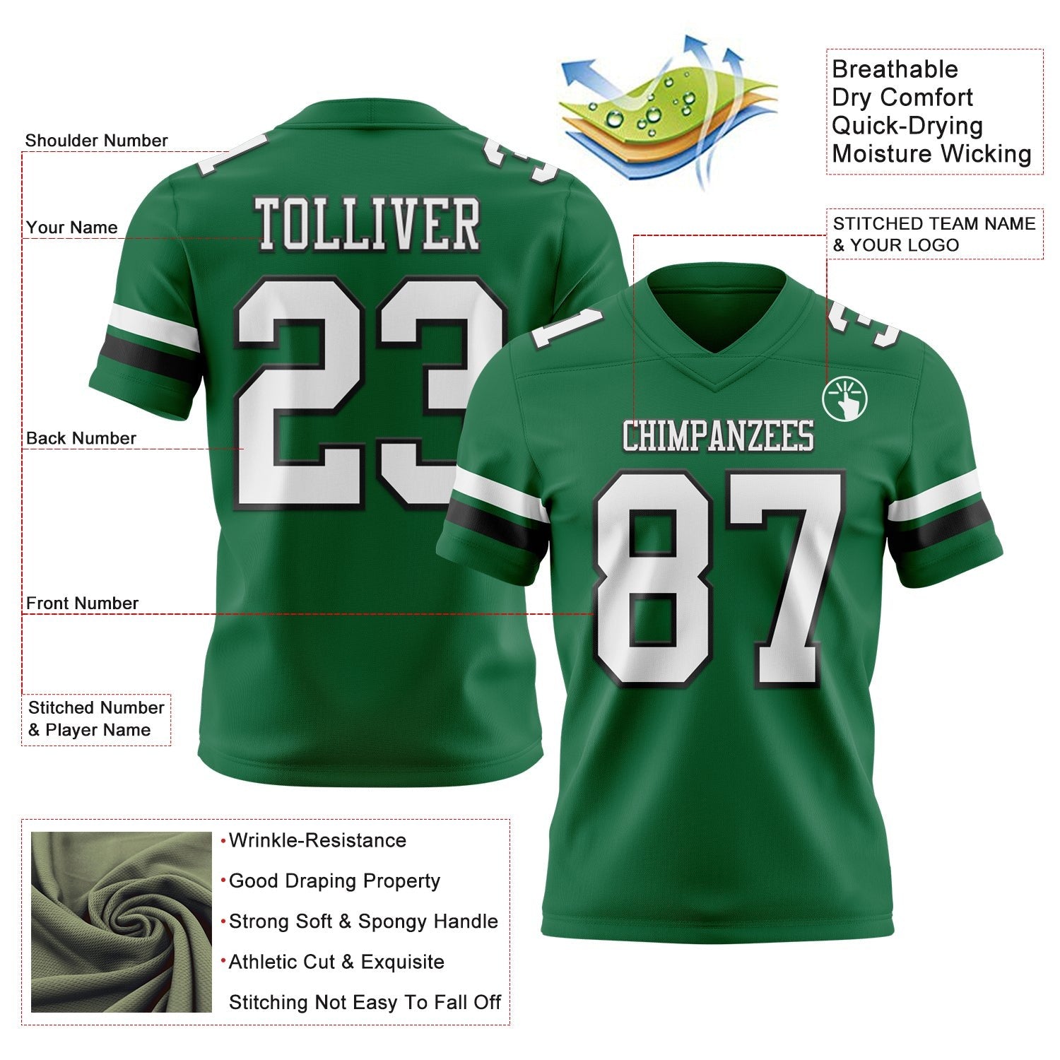 Custom Kelly Green White-Black Authentic Football Jersey photo 3