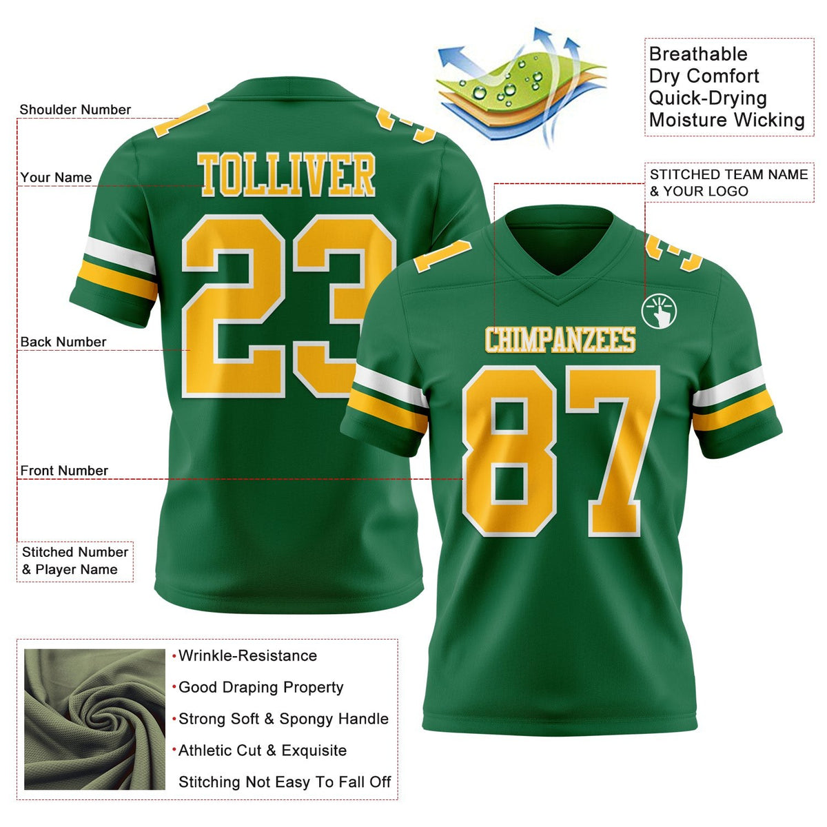 Custom Kelly Green Gold-White Authentic Football Jersey photo 3