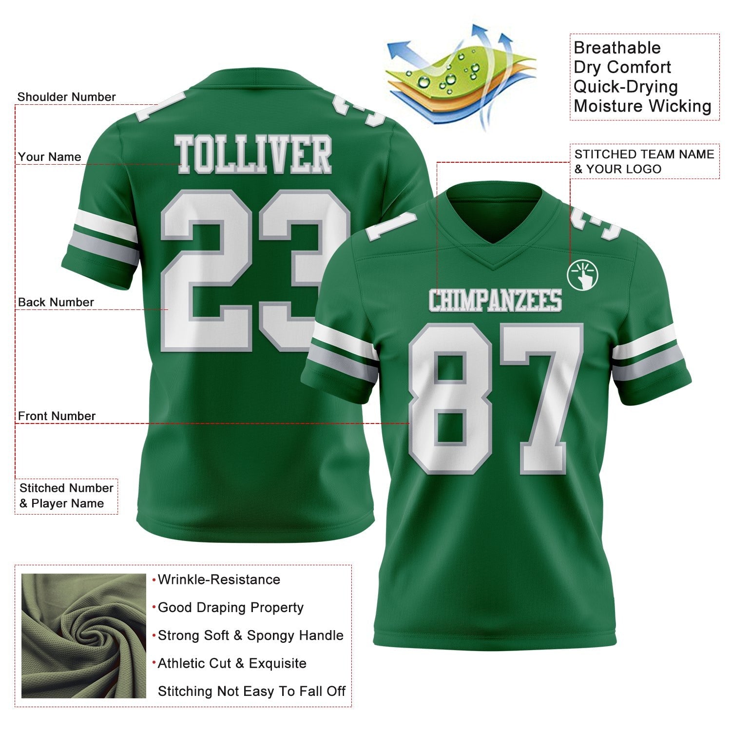 Custom Kelly Green White-Gray Authentic Football Jersey photo 3